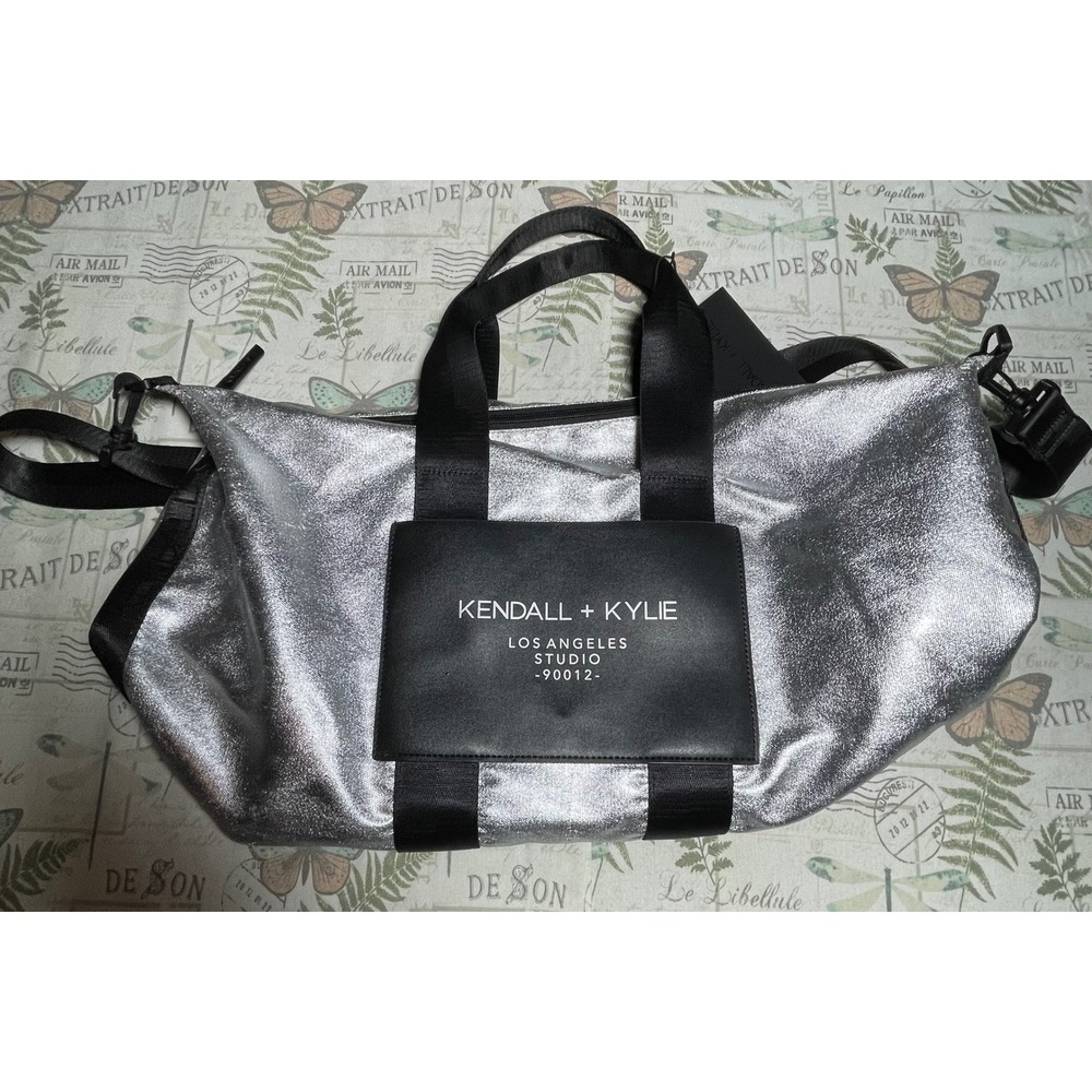 Kendall & Kylie Silver Metallic Travel Duffel Bag with Black Accent